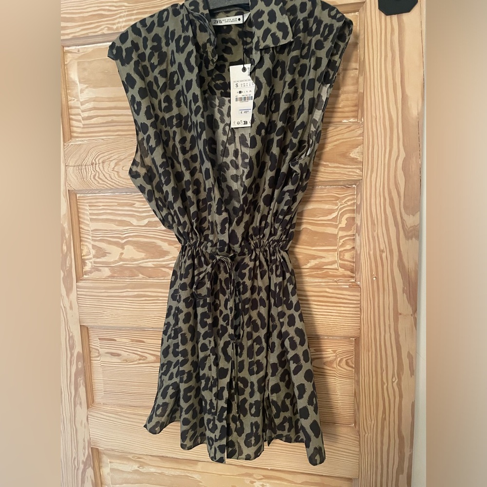 Zara Olive and Black Leopard Print V-Neck Dress